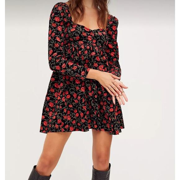 Free People Large Bessie Corduroy Mini Dress Floral Puff Sleeves Sweatheart Neck - Picture 1 of 14